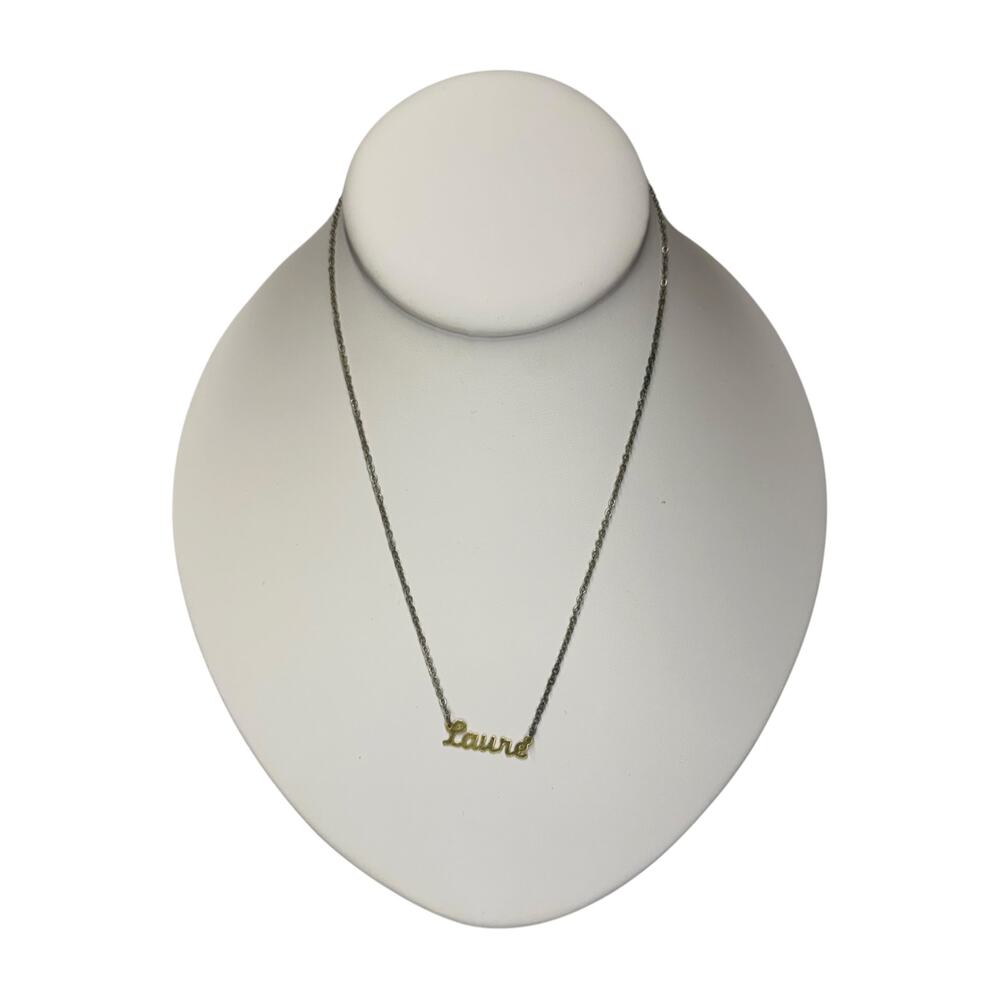 Vintage Two Tone Script Laure Name Necklace Gold Tone Gunmetal